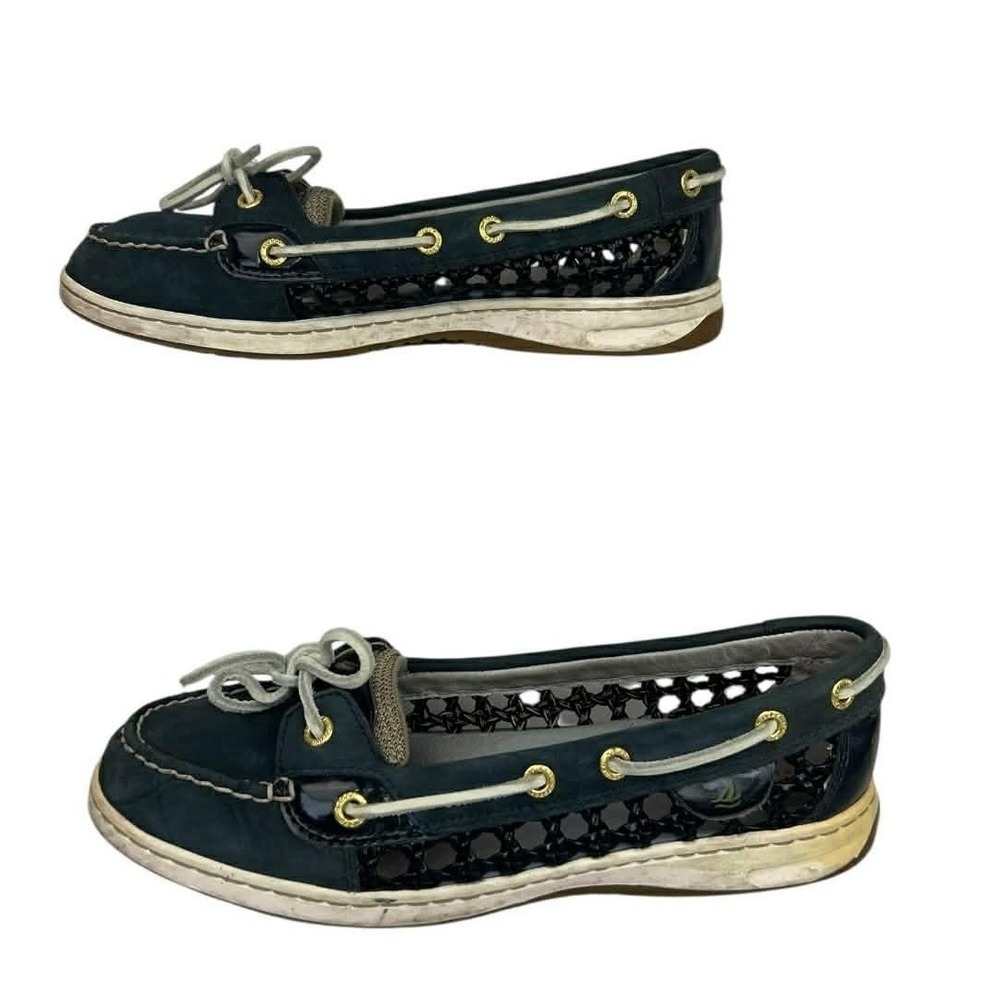 Sperry Top Sider Women's Navy Blue Canvas Boat Shoes With Woven Detail Size 8.5
